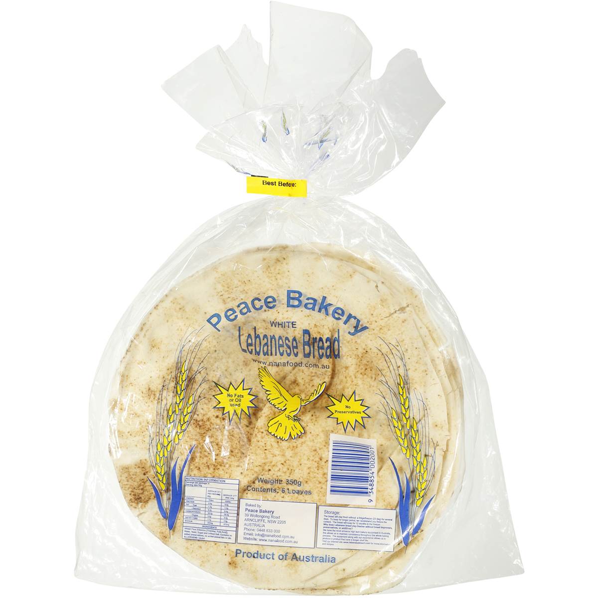 Peace Bakery Lebanese Bread White 6pk 350g | Woolworths