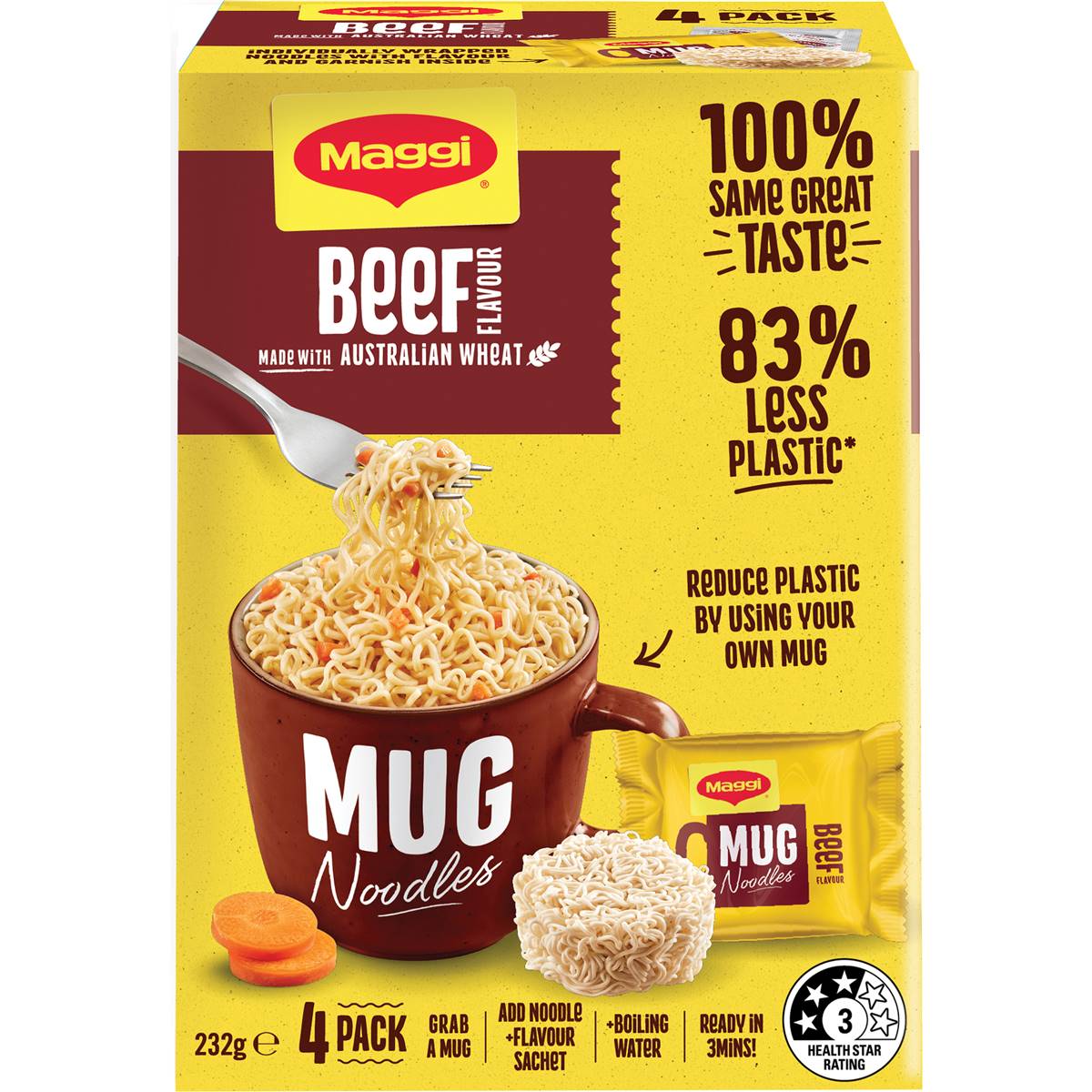 Maggi Mug Noodles Beef Flavour 4 Pack 232g Woolworths
