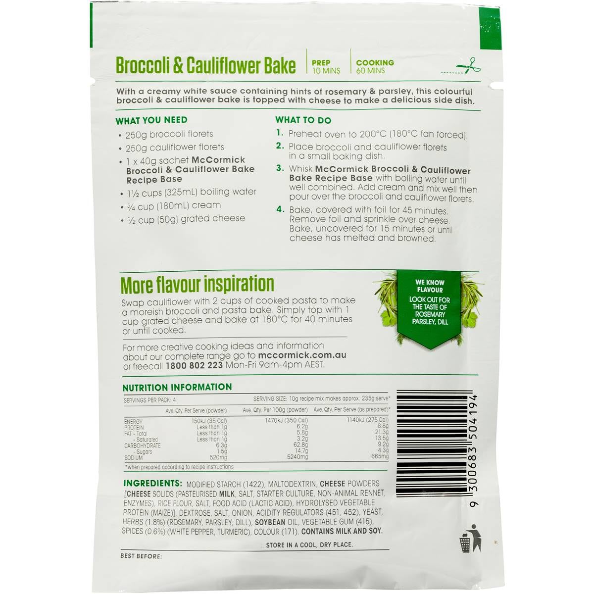 Mccormicks Recipe Base Broccoli & Cauliflower Bake 40g Woolworths
