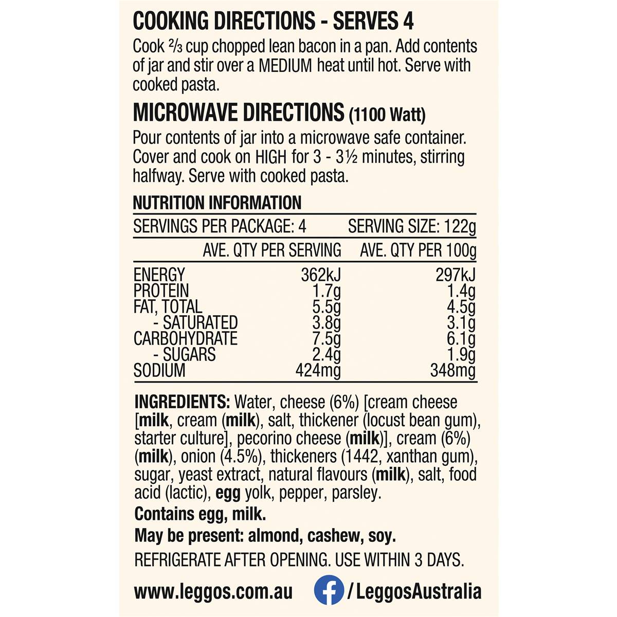 Leggos Pasta Sauce Carbonara 490g Woolworths