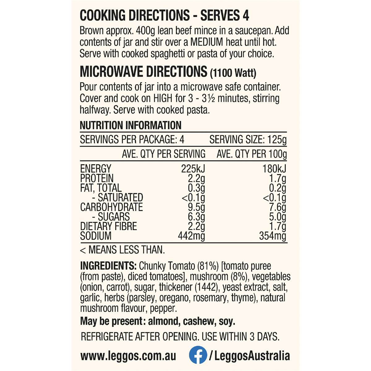 Leggo's Pasta Sauce Bolognese Mushroom 500g Woolworths