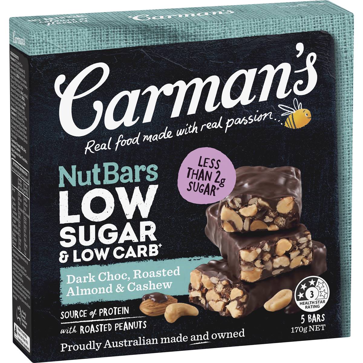 Carman's Low Sugar & Carb Nut Bar Dark Choc 170g