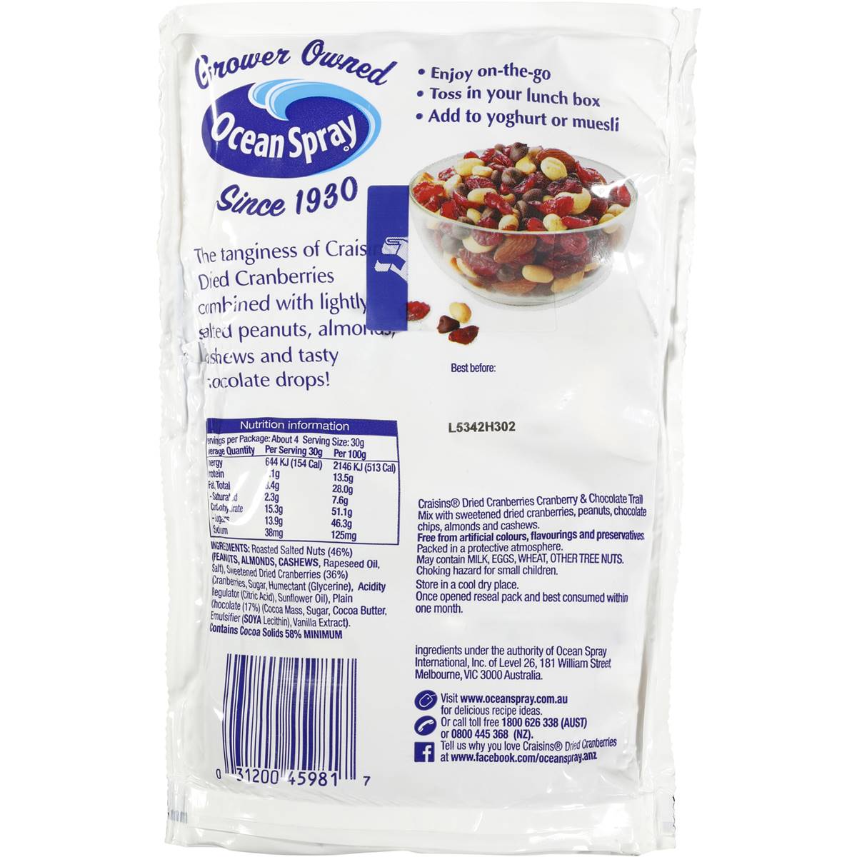 Ocean Spray Trail Mix Cranberry & Chocolate 130g | Woolworths