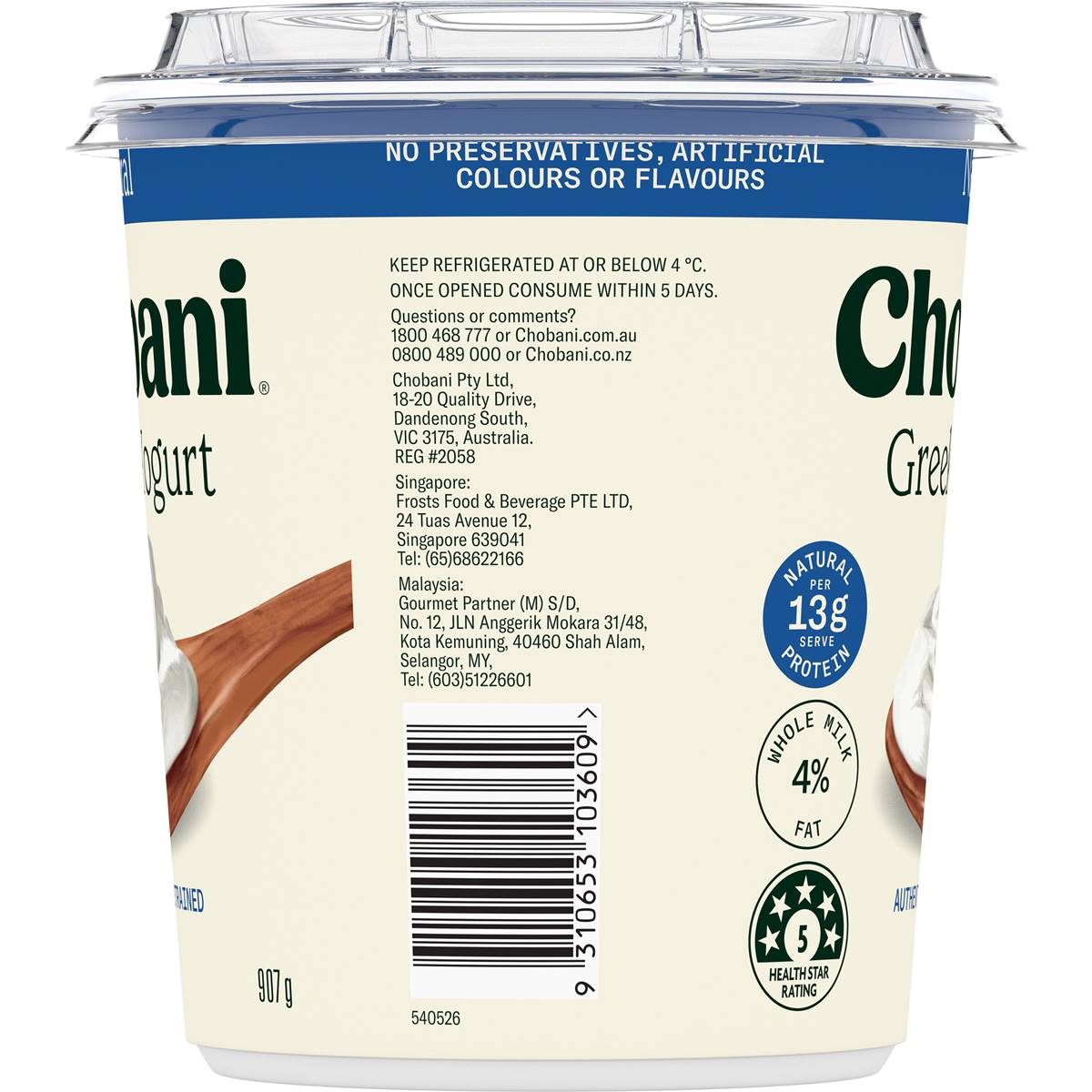 Chobani Greek Yogurt Natural Whole Milk 907g Woolworths