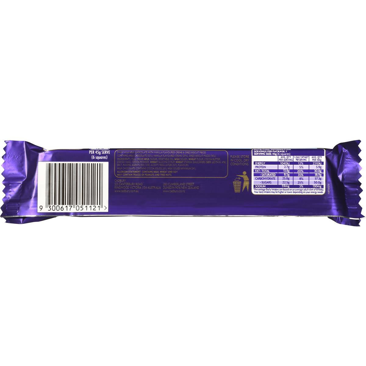 Cadbury Dairy Milk Chocolate Oreo Vanilla 45g Bar | Woolworths