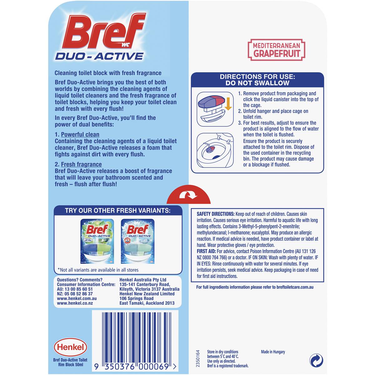 Bref Duo Active Toilet Cleaner Grapefruit 50ml Woolworths