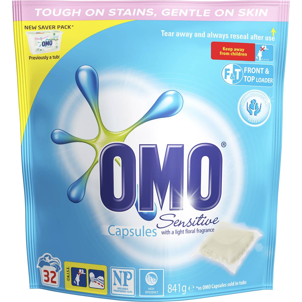 Omo Sensitive Laundry Liquid Capsules Front & Top Loader 32 Pack