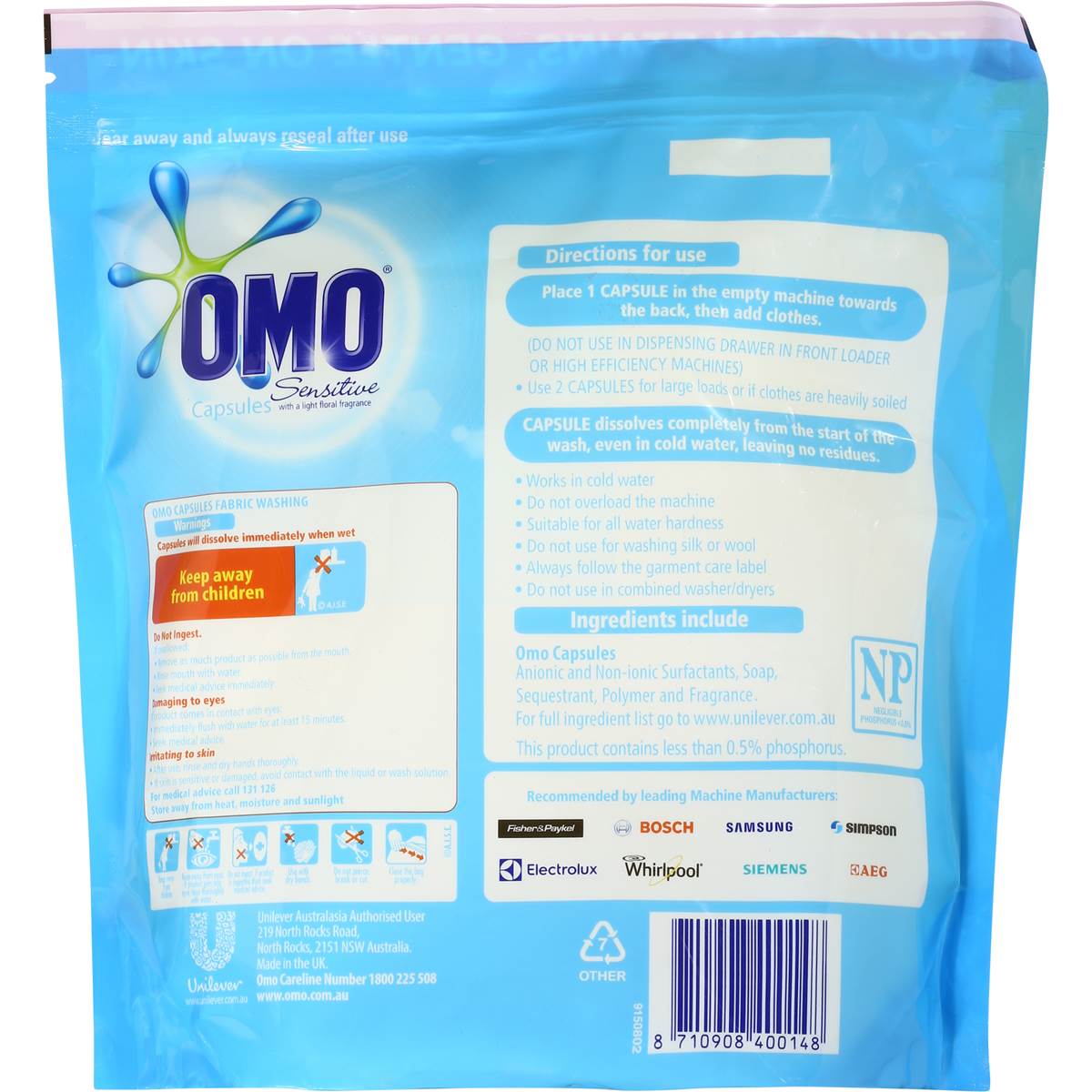 Omo Sensitive Laundry Detergent Liquid Capsules Front & Top Loader 32