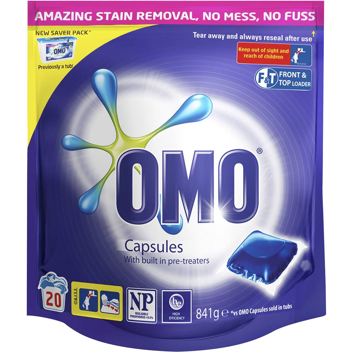 Omo Active Clean Laundry Liquid Capsules Front & Top Loader 20 Pack