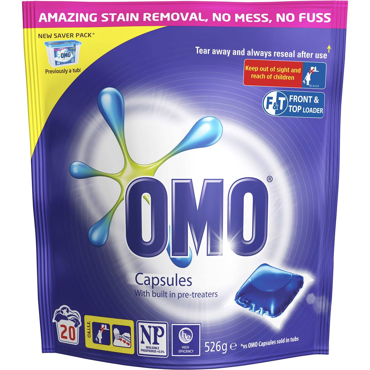Omo Active Clean Laundry Liquid Capsules Front & Top Loader 20 Pack