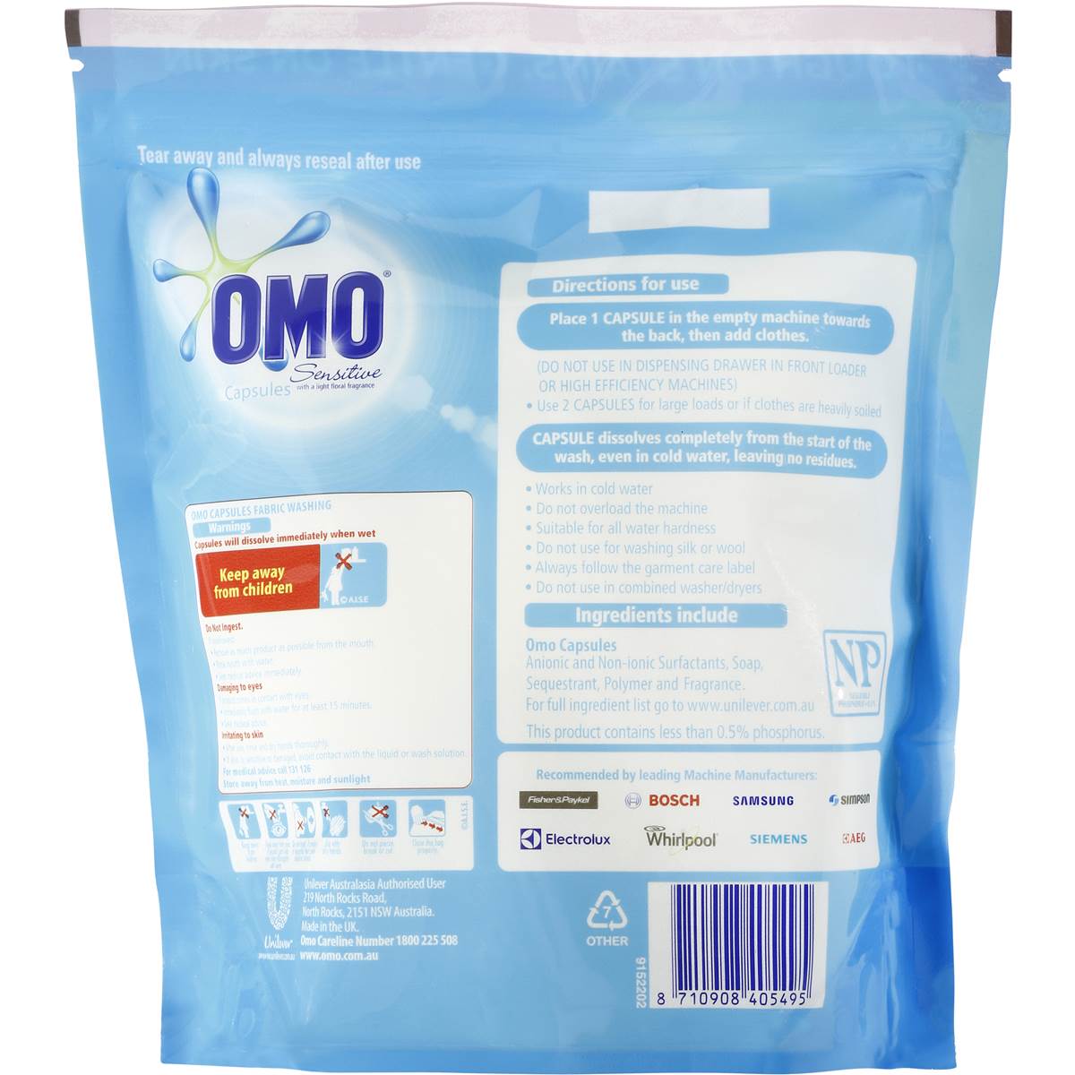 Omo Sensitive Laundry Detergent Liquid Capsules Front & Top Loader 20