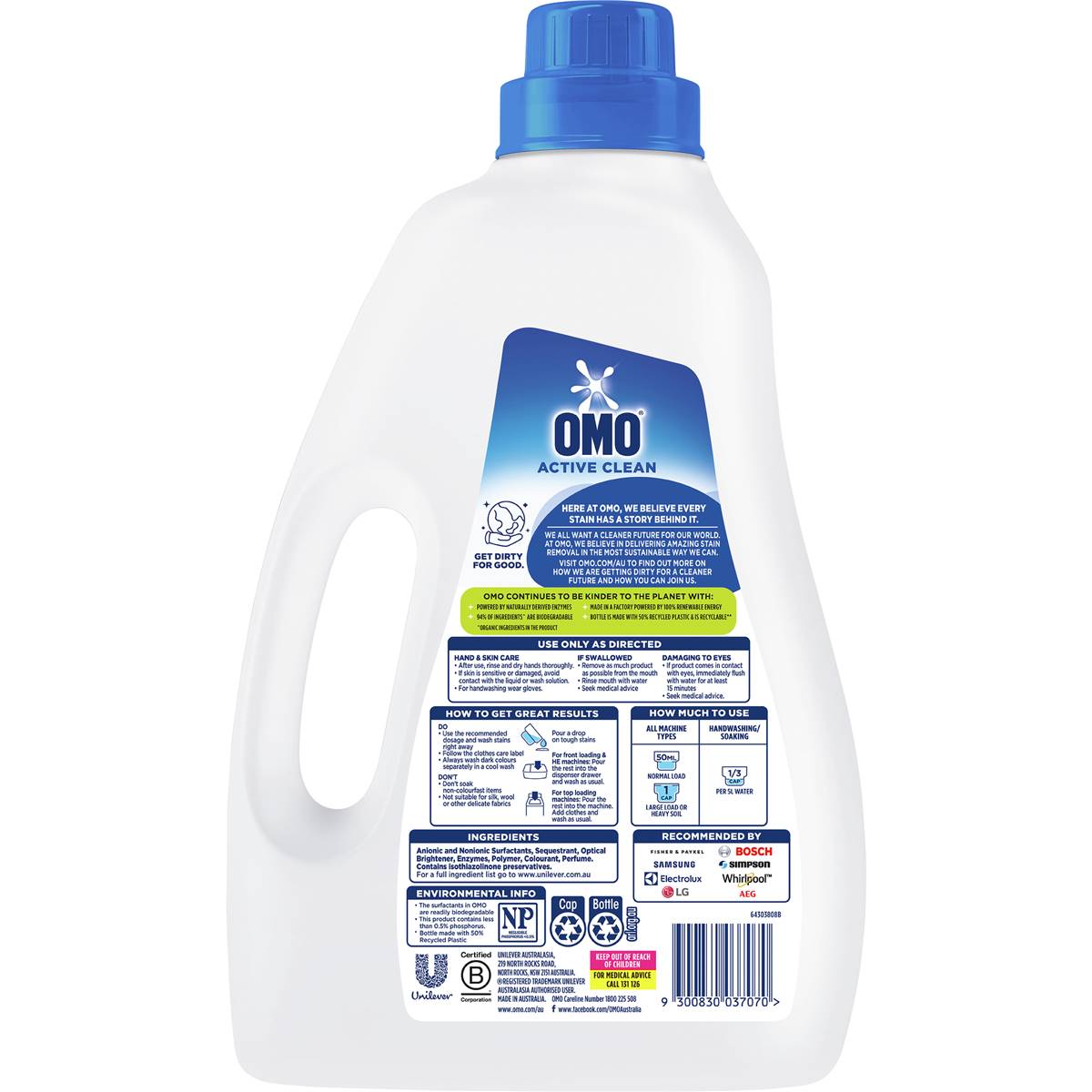 Omo Active Clean Liquid Detergent Front & Top Loader 40 Washes 2l