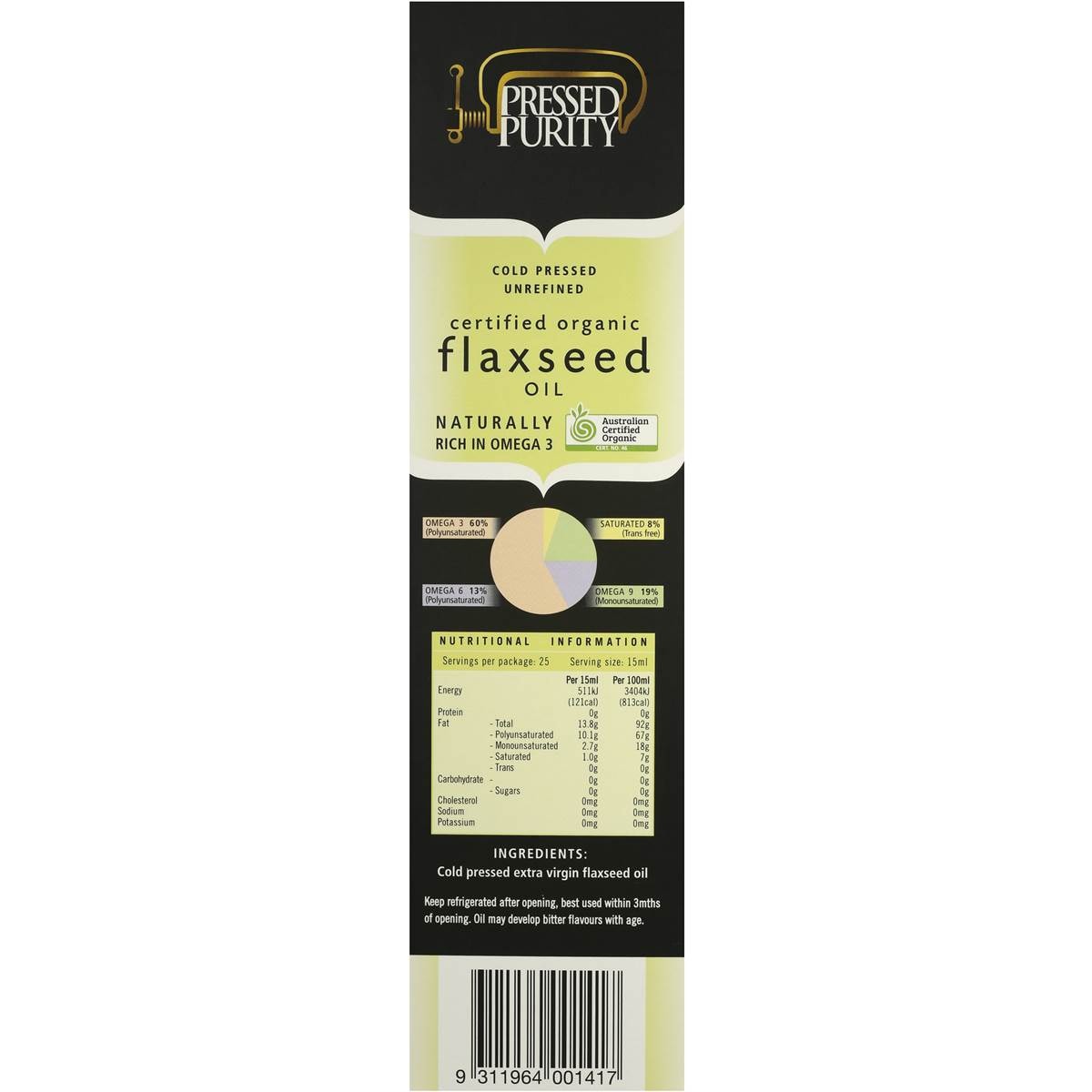 Pressed Purity Flaxseed Oil Organic 375ml Woolworths
