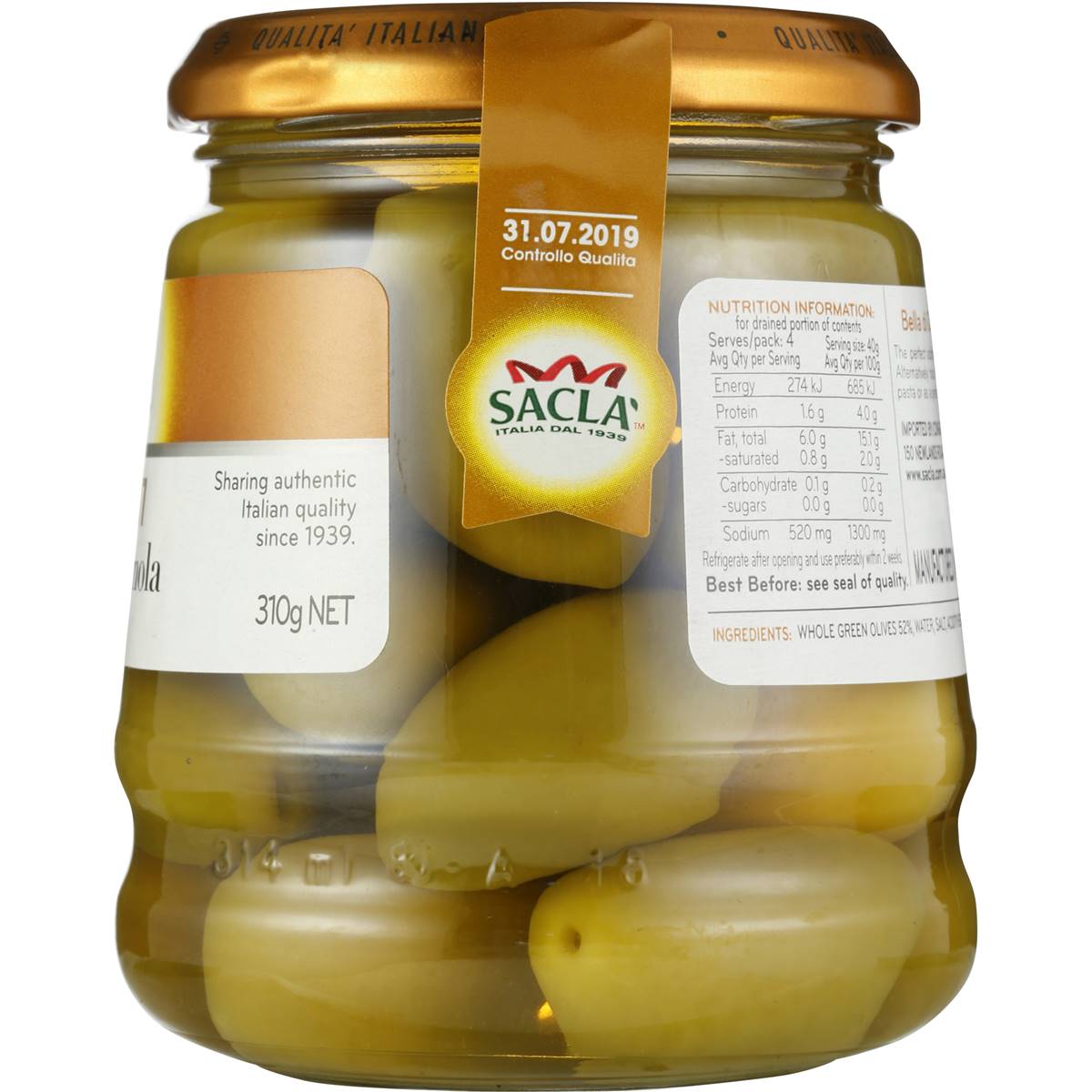 Sacla Olives Bella Di Cerignola 310g Woolworths