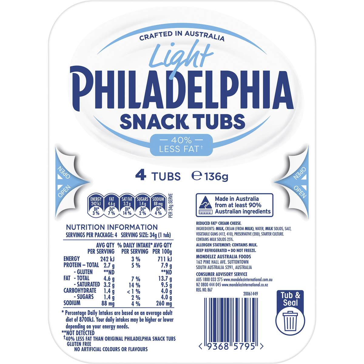 Philadelphia Light Cream Cheese Snack Tub 136g Woolworths