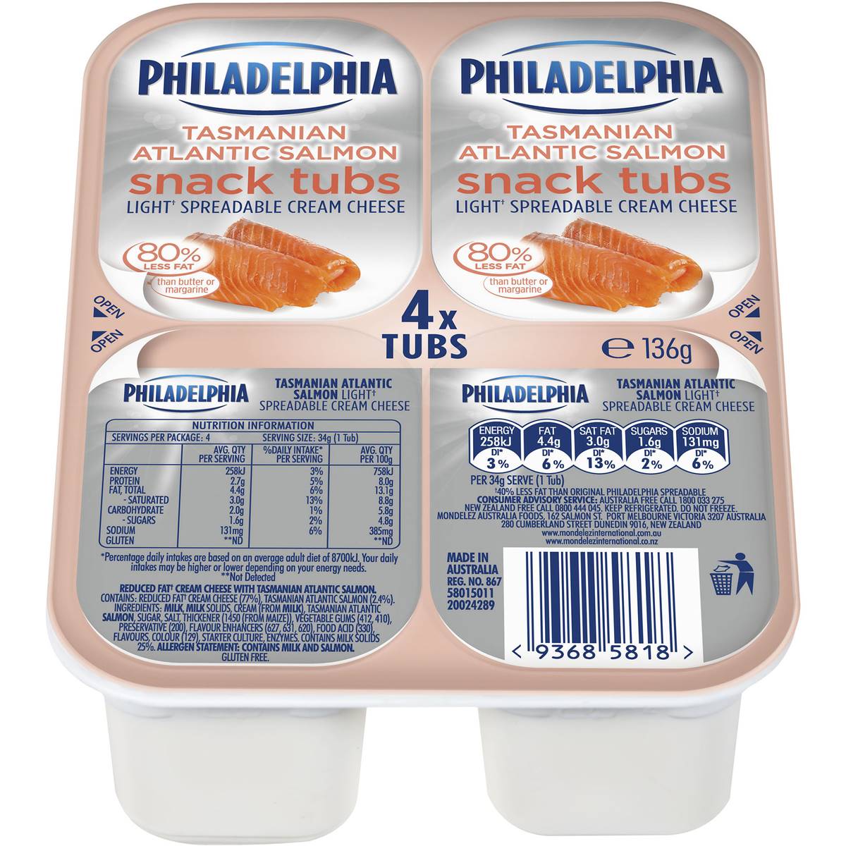 Philadelphia Tasmanian Atlantic Salmon Light Cream Cheese Snack Tub