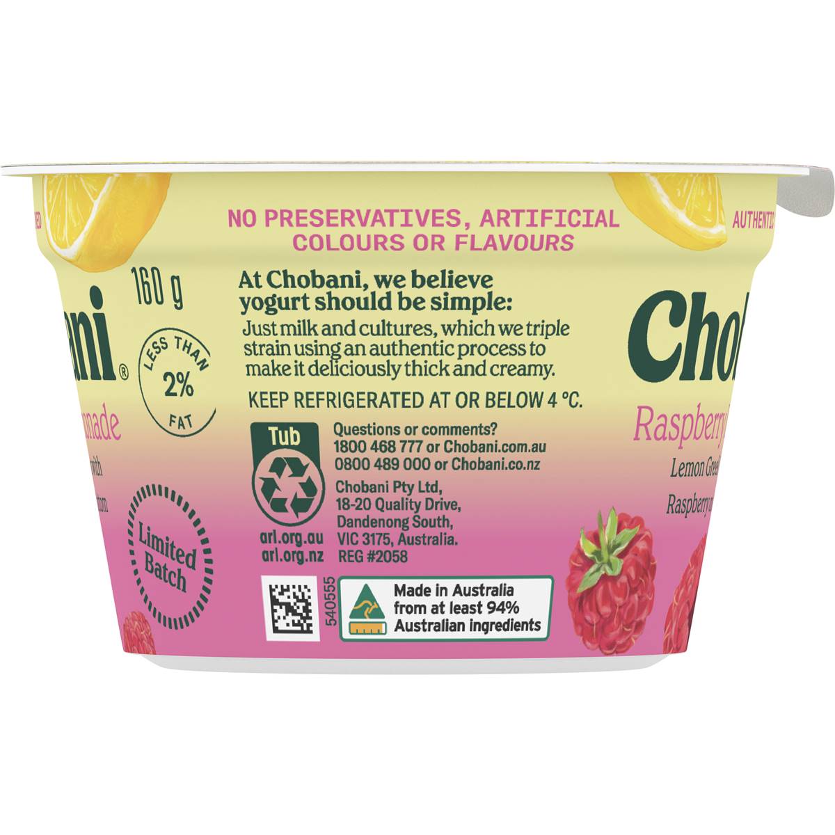 Chobani Raspberry Lemon Greek Yogurt 160g | Woolworths