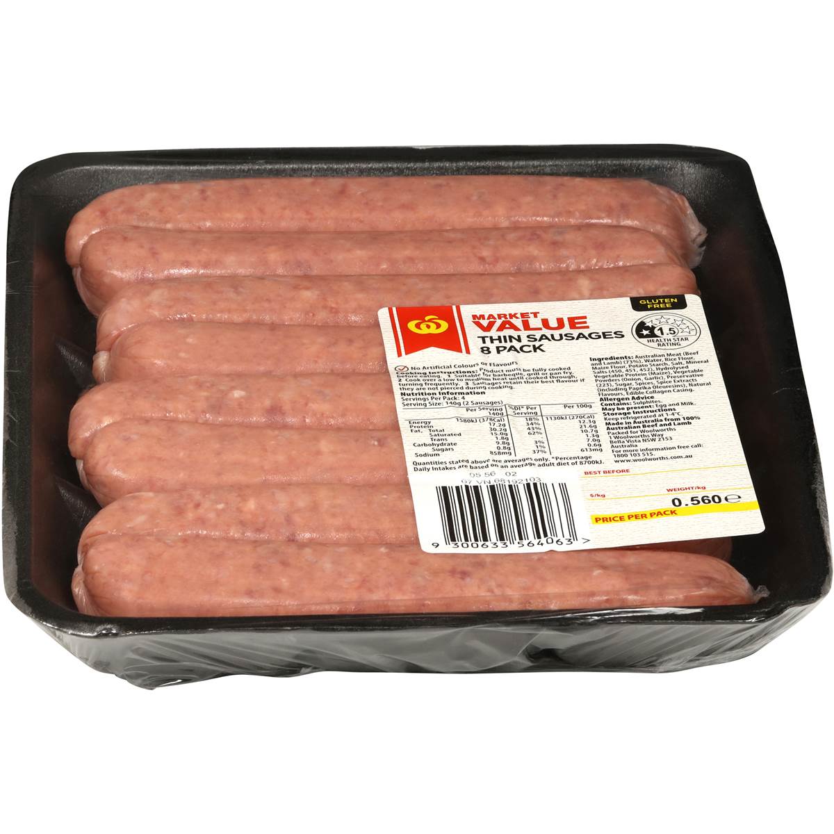 Woolworths Market Value Thin Beef Sausages 560g Woolworths