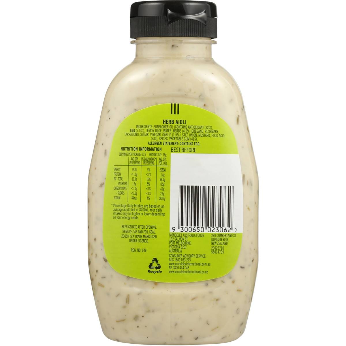 Zoosh Free Range Herb Aioli 350g Woolworths