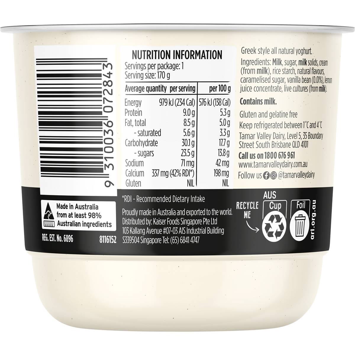 Tamar Valley Greek Style Yoghurt Vanilla Bean 170g Woolworths