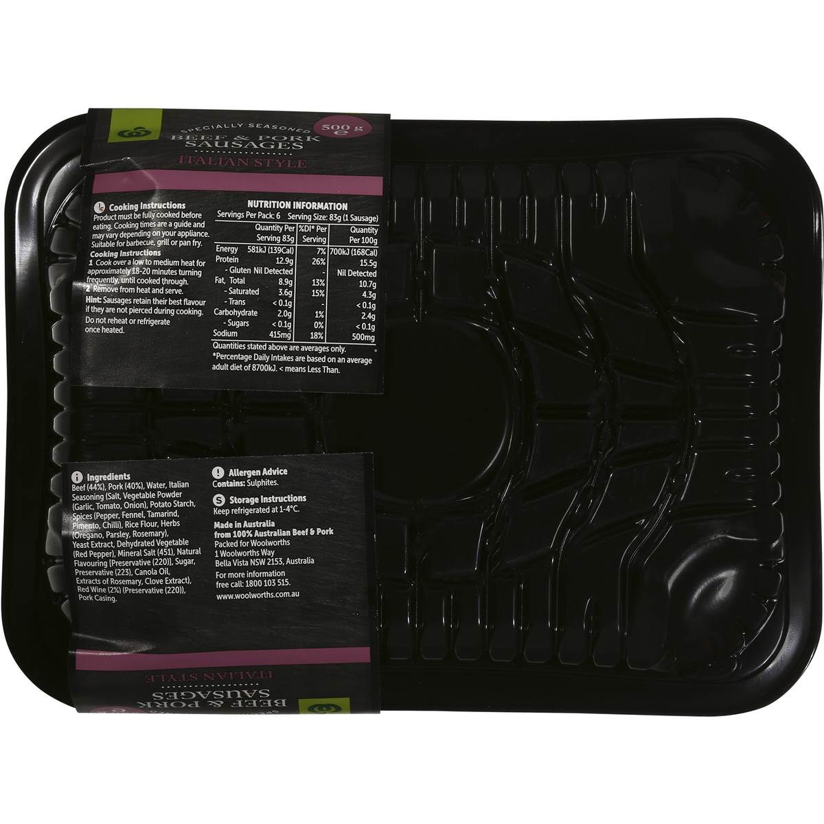 Woolworths Beef & Pork Sausages Italian Style 500g Woolworths