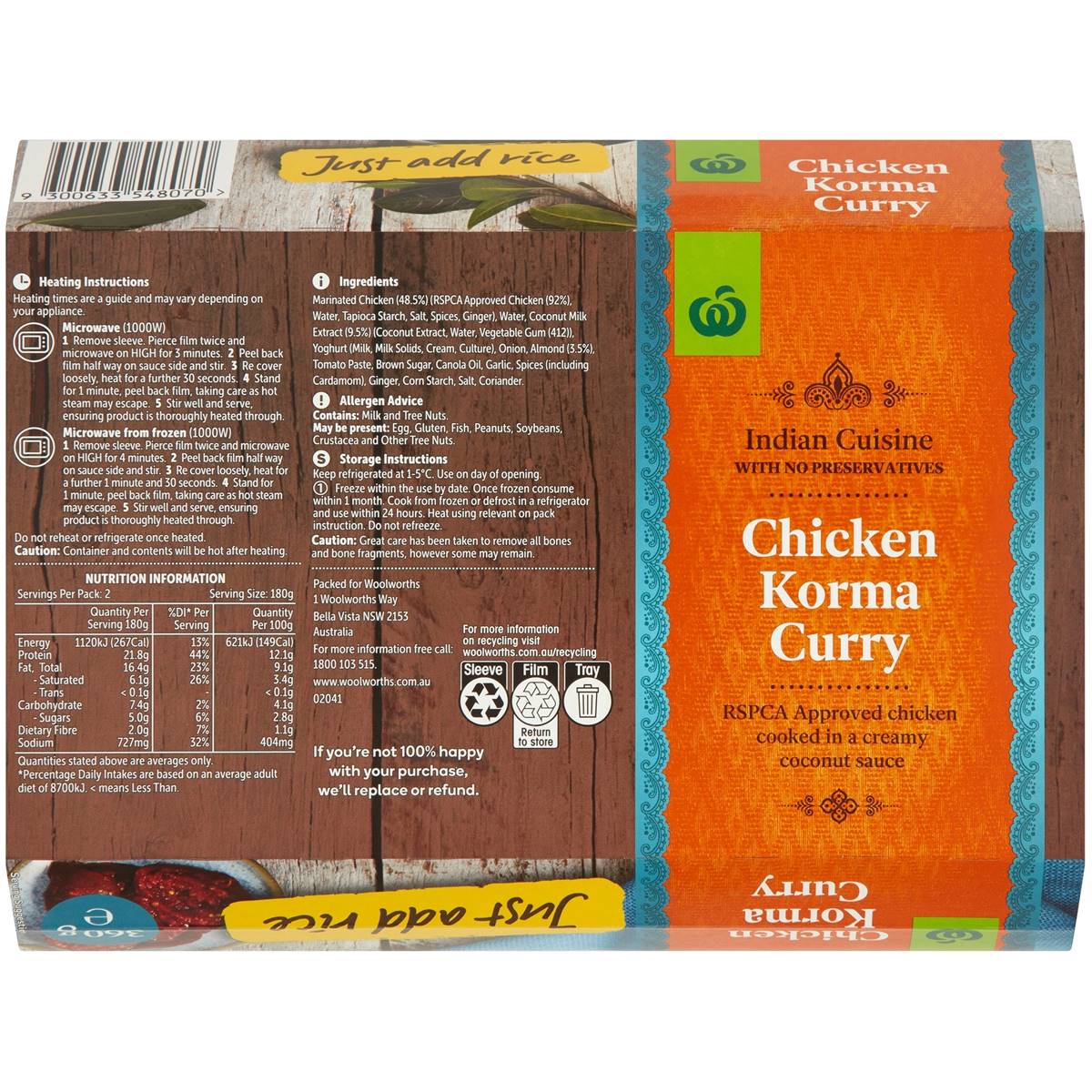 Woolworths Chicken Korma Chilled Meal 360g Woolworths 3903