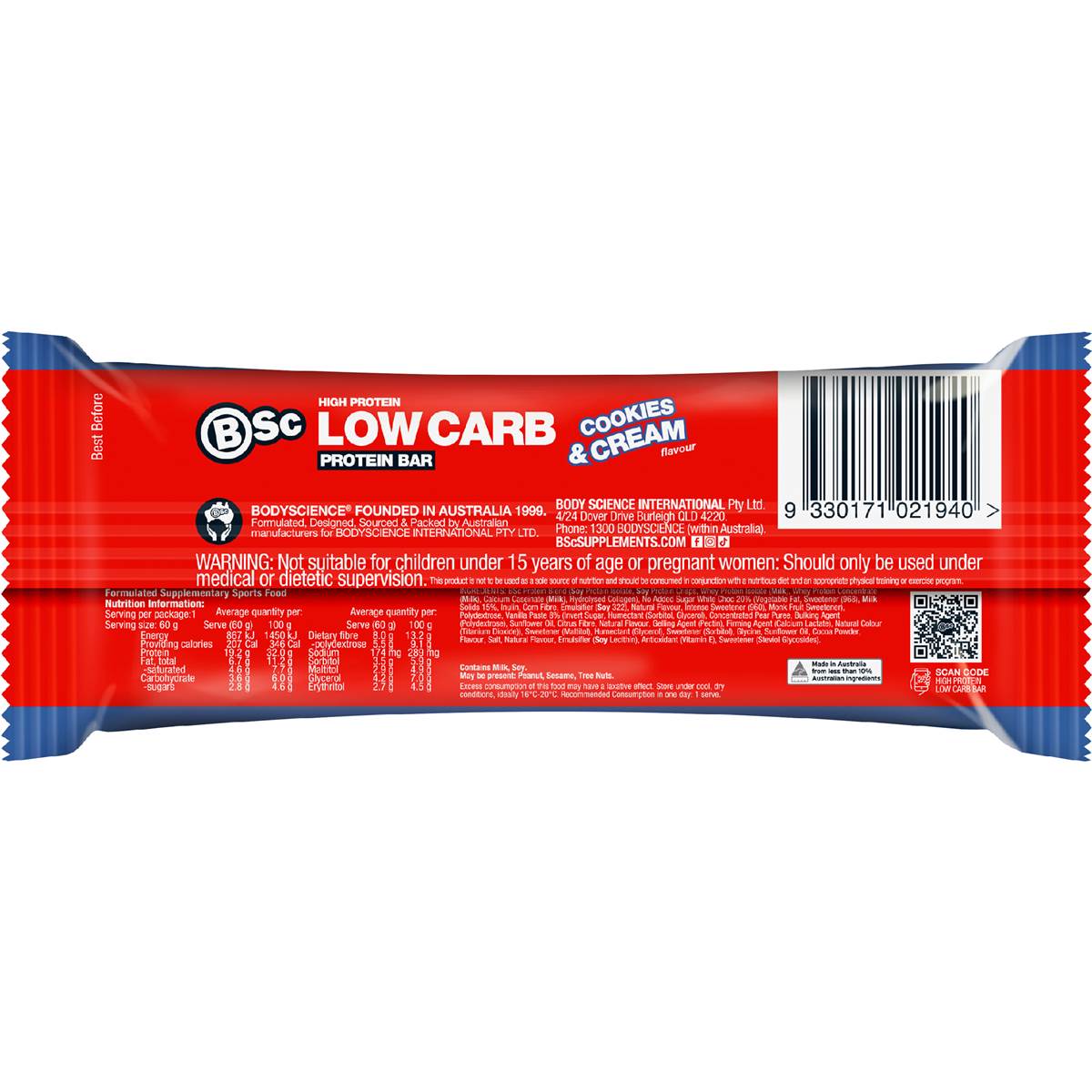 Bsc High Protein Low Carb Bar Cookies & Cream 60g Woolworths
