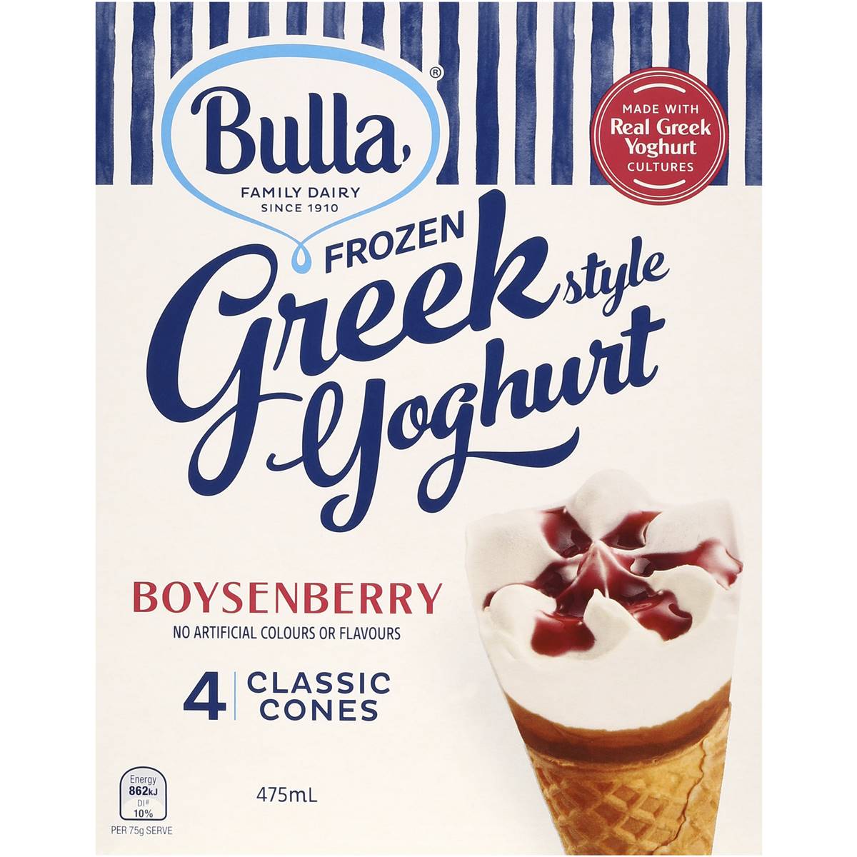 Bulla Greek Frozen Yoghurt Boysenberry Classic Cones 4 Pack Woolworths