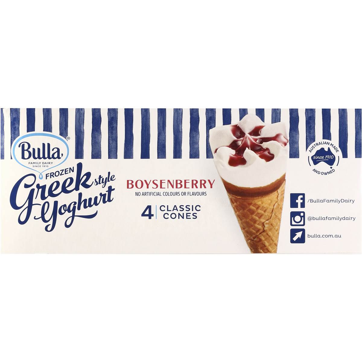 Bulla Greek Frozen Yoghurt Boysenberry Classic Cones 4 Pack Woolworths