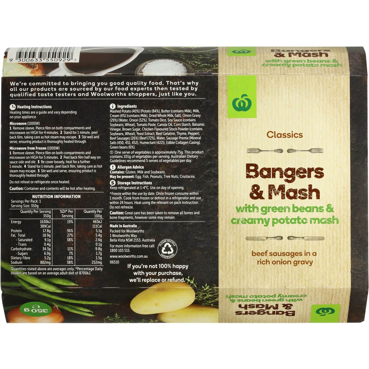 Woolworths Bangers & Mash Chilled Meal 350g Woolworths