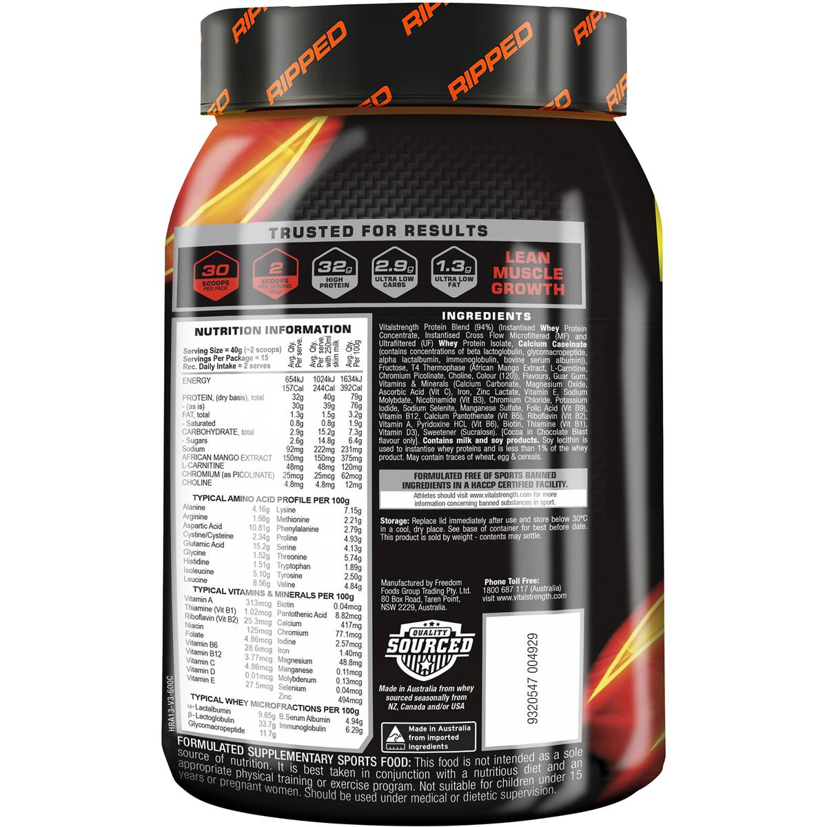 Vital Strength Ripped Protein Powder Chocolate 600g | Woolworths