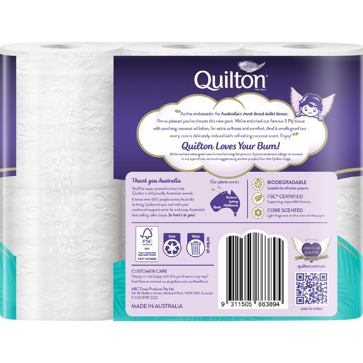 Quilton 3 Ply Toilet Tissue With Coconut Oil 6 Pack | Woolworths