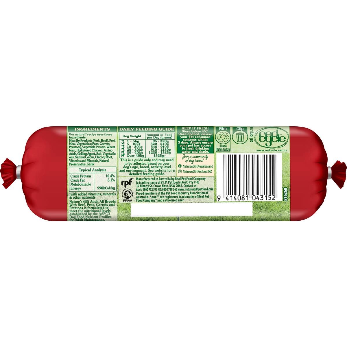 Nature's Gift Adult Chilled Fresh Dog Food Roll With Beef Peas Carrots