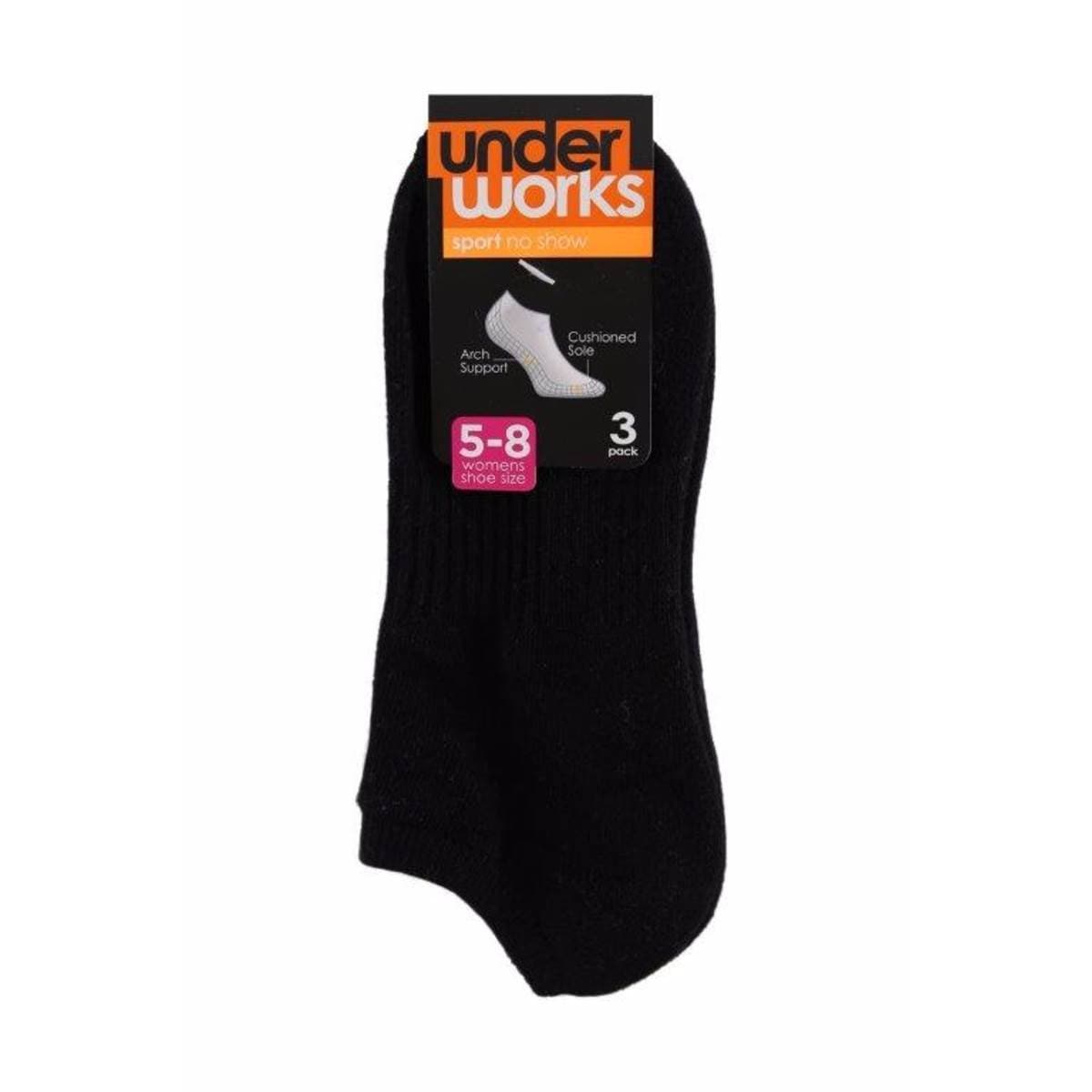 Underworks Ladies No Show Socks Black 5/8 3 Pack Woolworths
