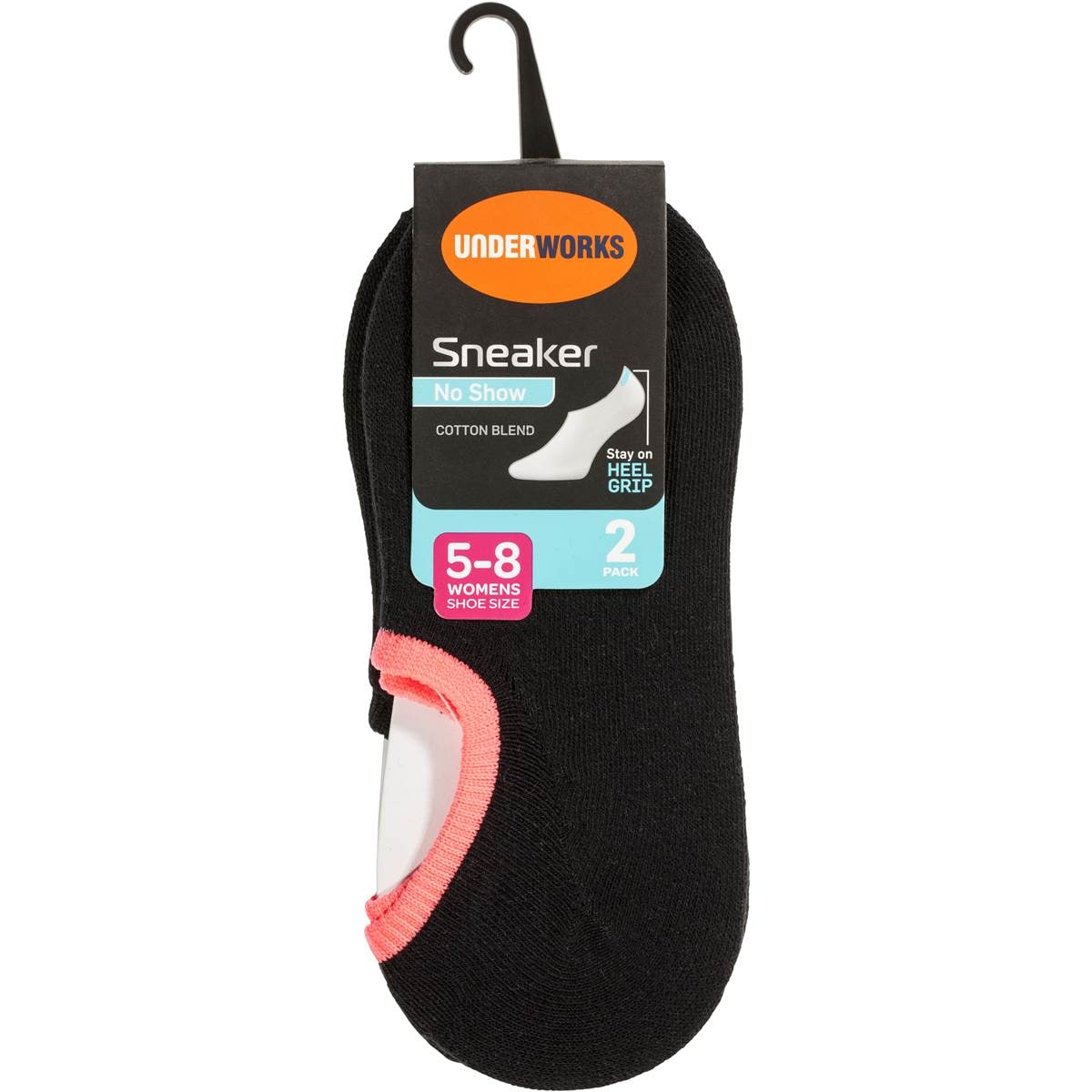 Underworks Ladies Heel Grip Socks Black 5/8 2 Pack Woolworths