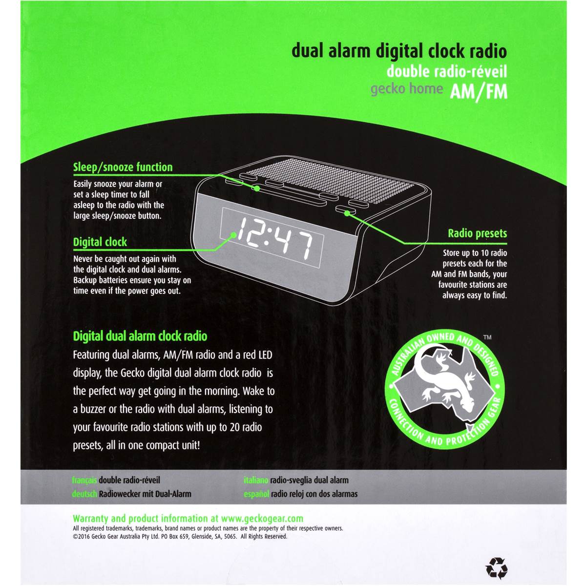 Gecko Home Dual Alarm Digital Am Fm Clock Radio Each Woolworths