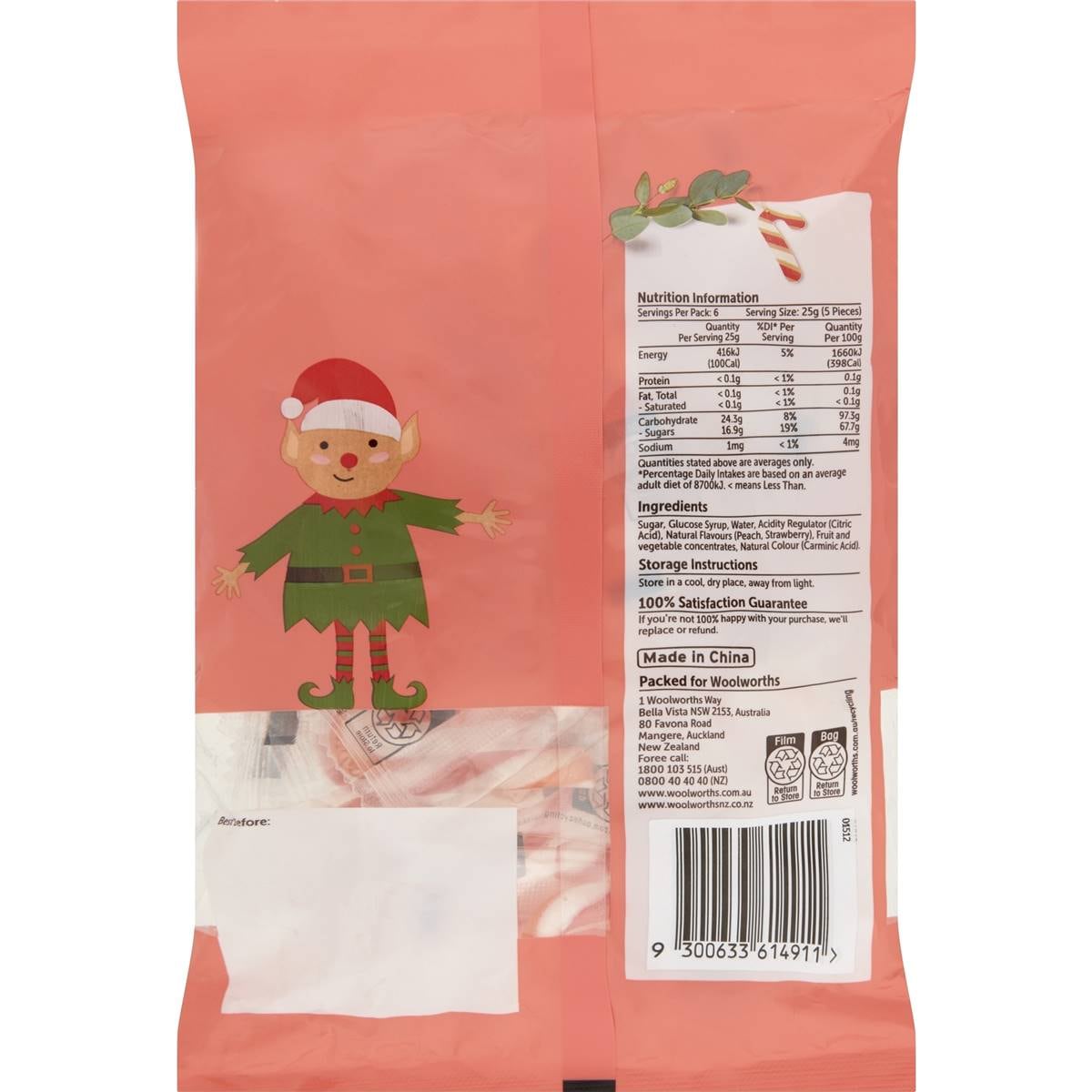 Woolworths Mini Candy Cane Assorted Strawberry & Peach Flavours 30 Pack