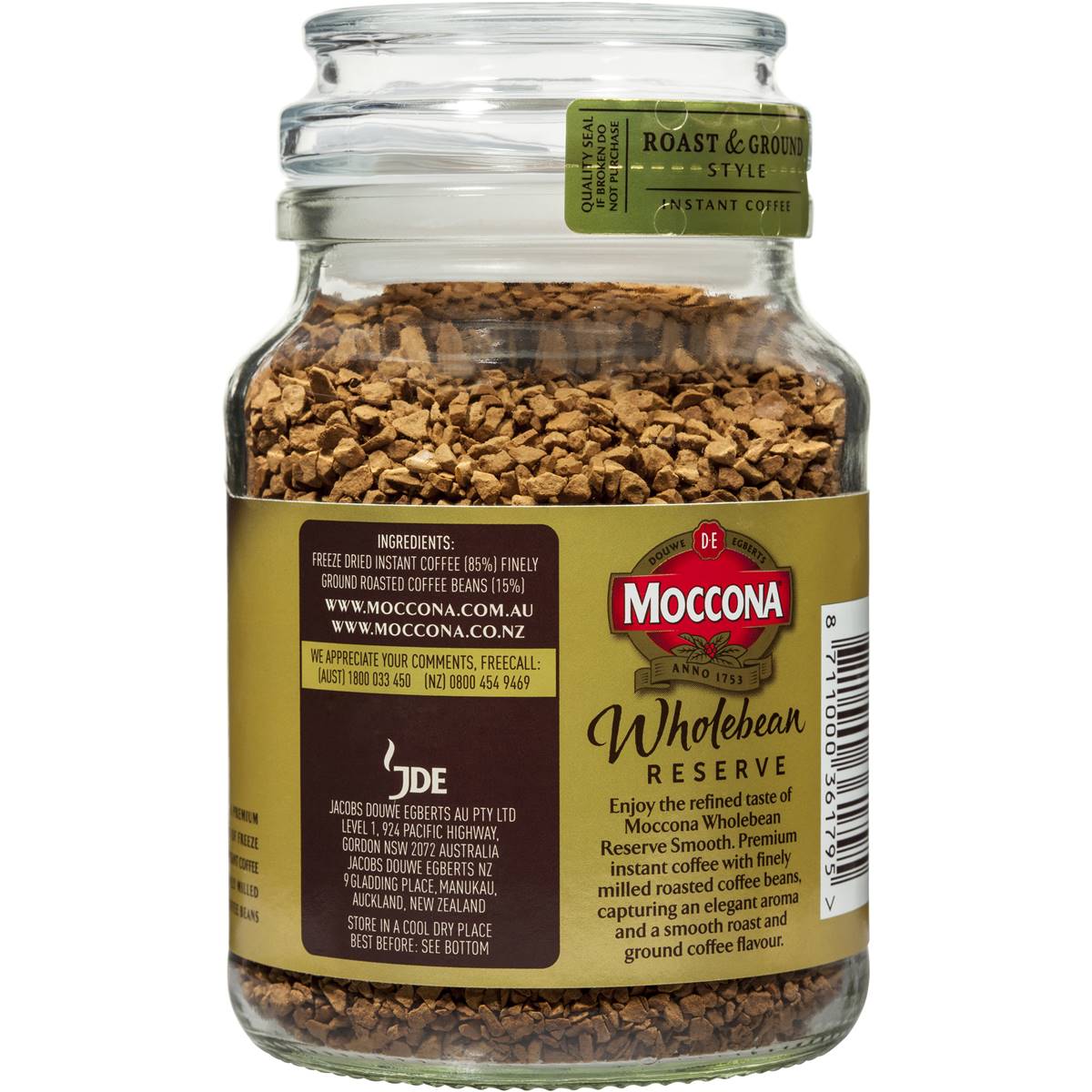 Moccona Freeze Dried Instant Coffee Wholebean Reserve Smooth 100g Moccona Freeze Dried Instant Coffee Wholebean Reserve Smooth Image Back