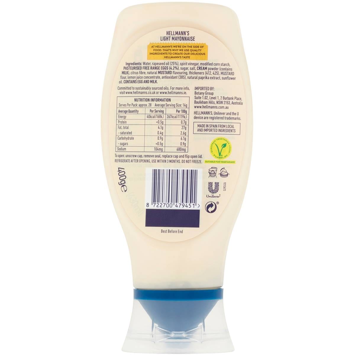 Hellmann's Squeeze Mayo Light Light 400g Woolworths
