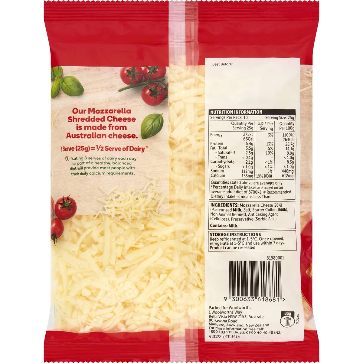 Woolworths Mozzarella Shredded Cheese 250g Woolworths