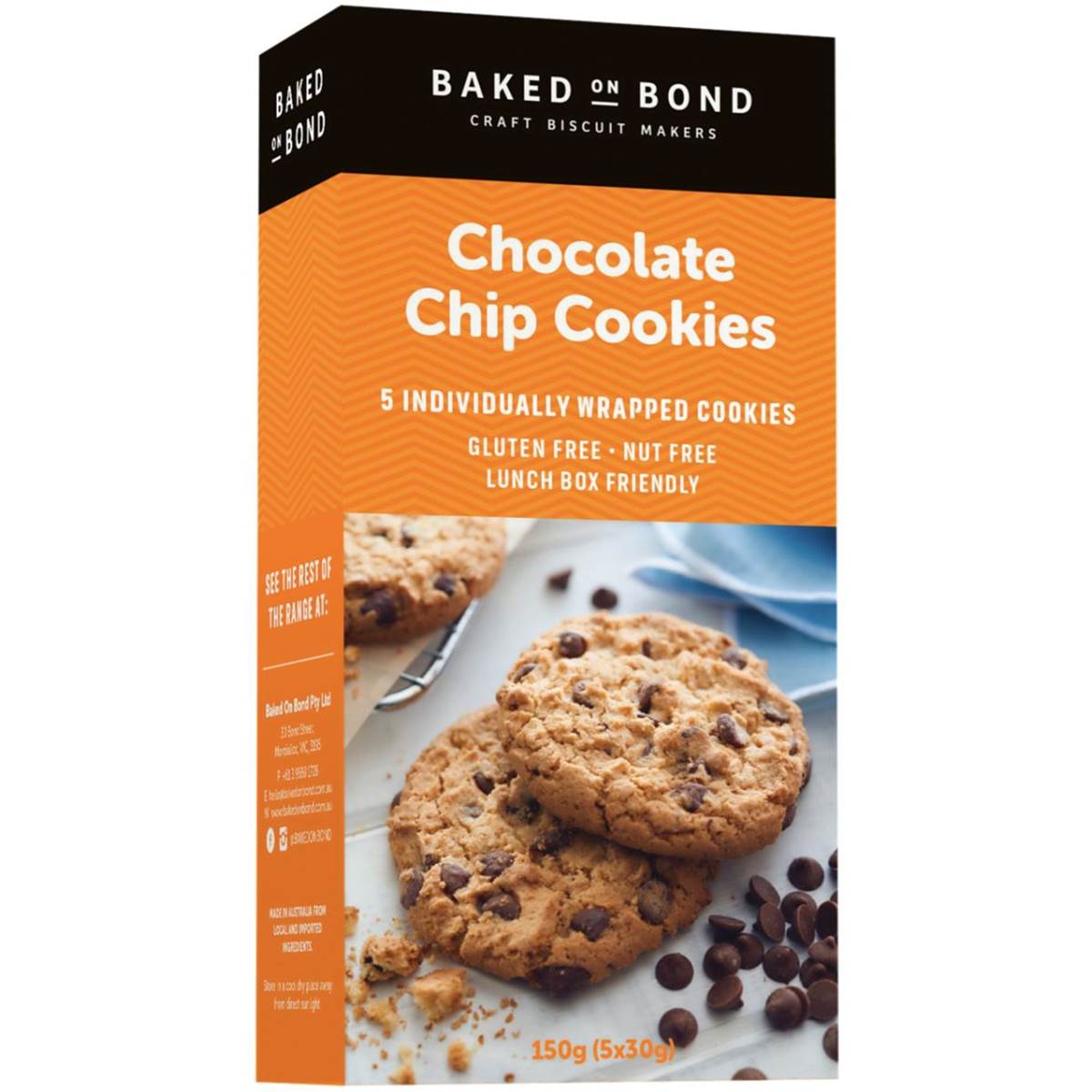 Baked On Bond Choc Chip Cookies Individually Wrapped 5pk 150g | Woolworths