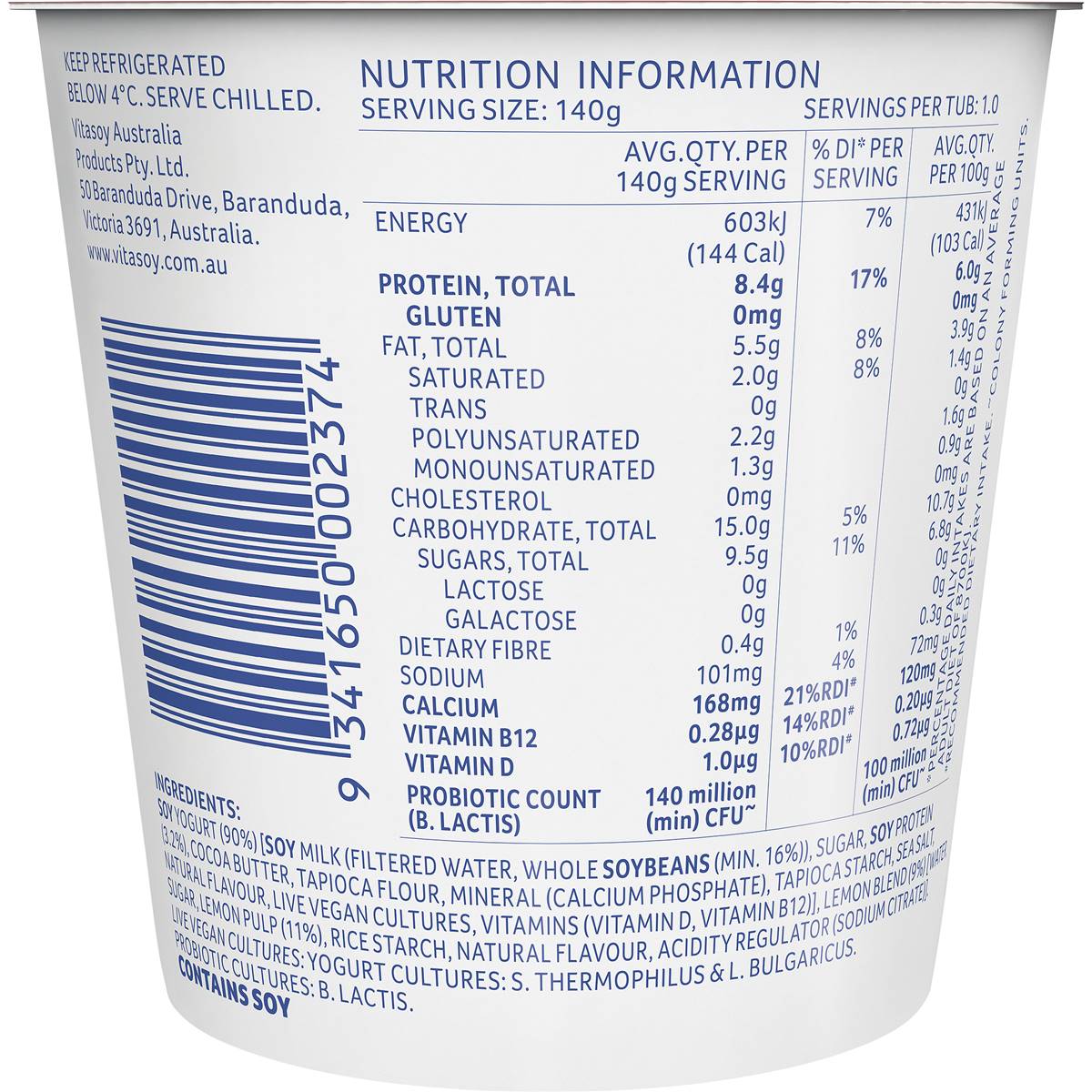 Vitasoy Greek Style Soy Yogurt Hint Of Lemon 140g Woolworths