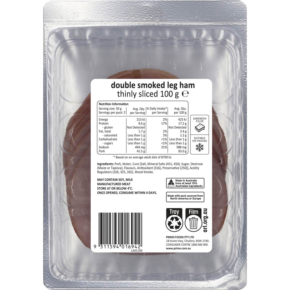 Primo Double Smoked Sliced Leg Ham 100g Woolworths