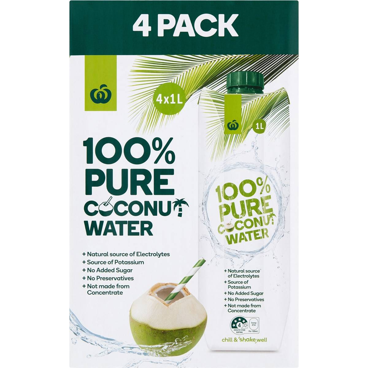 Woolworths 100% Pure Coconut Water 1l X4 Pack | Woolworths