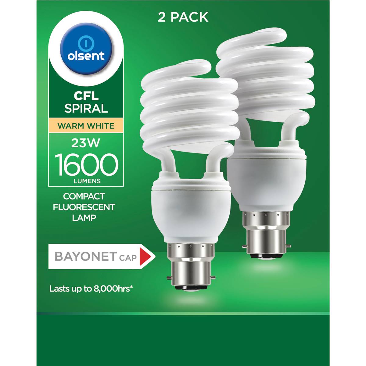 Olsent Cfl Spiral Bc 23w 1600lm Ww 23 Watt 2 Pack | Woolworths