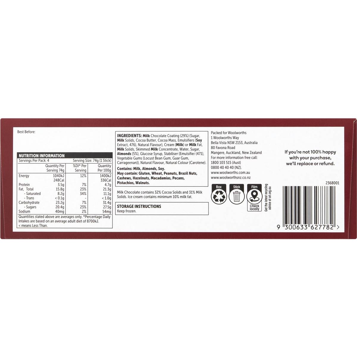 Woolworths Almond Ice Cream Sticks 4 Pack Woolworths