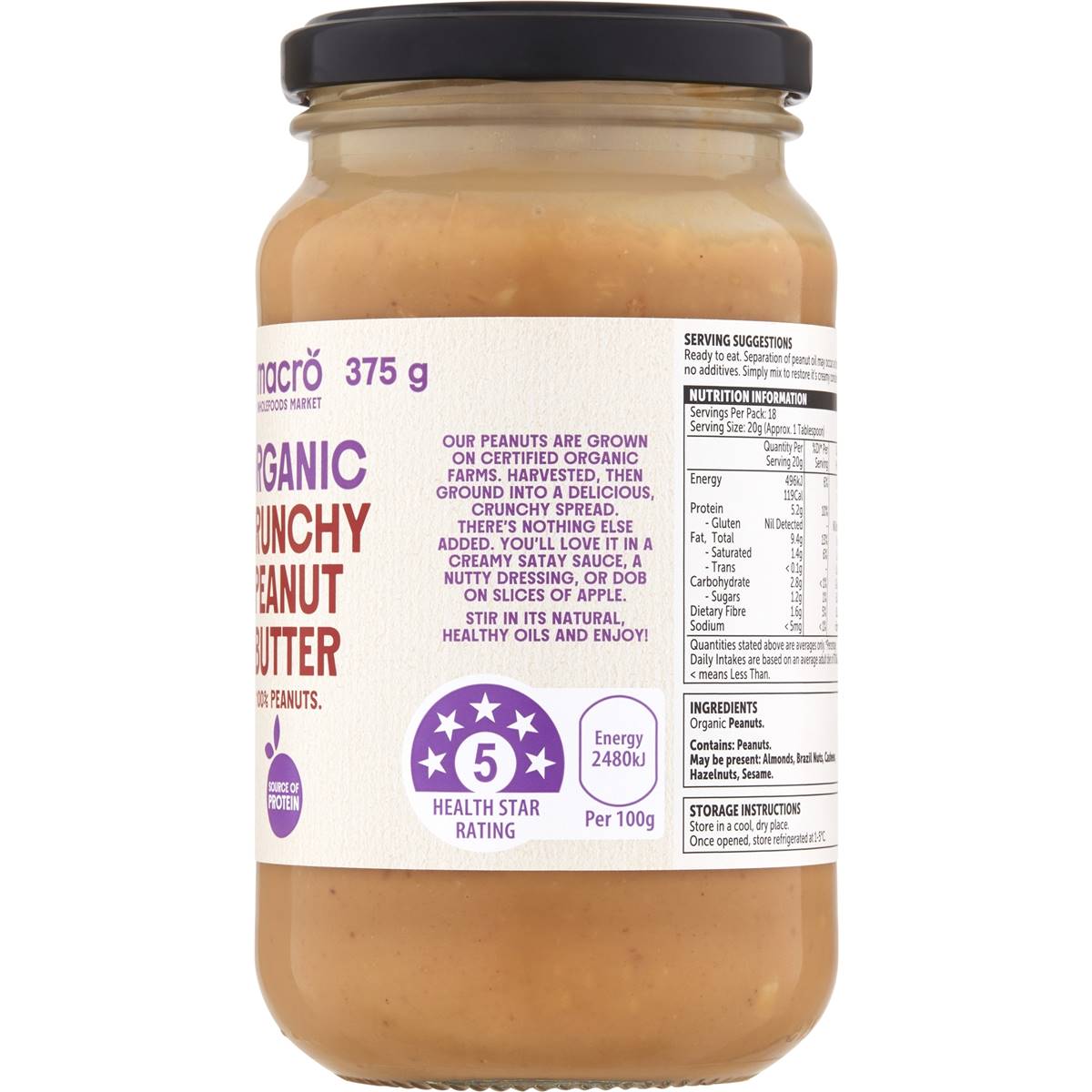 Macro Organic Crunchy Peanut Butter 375g | Woolworths