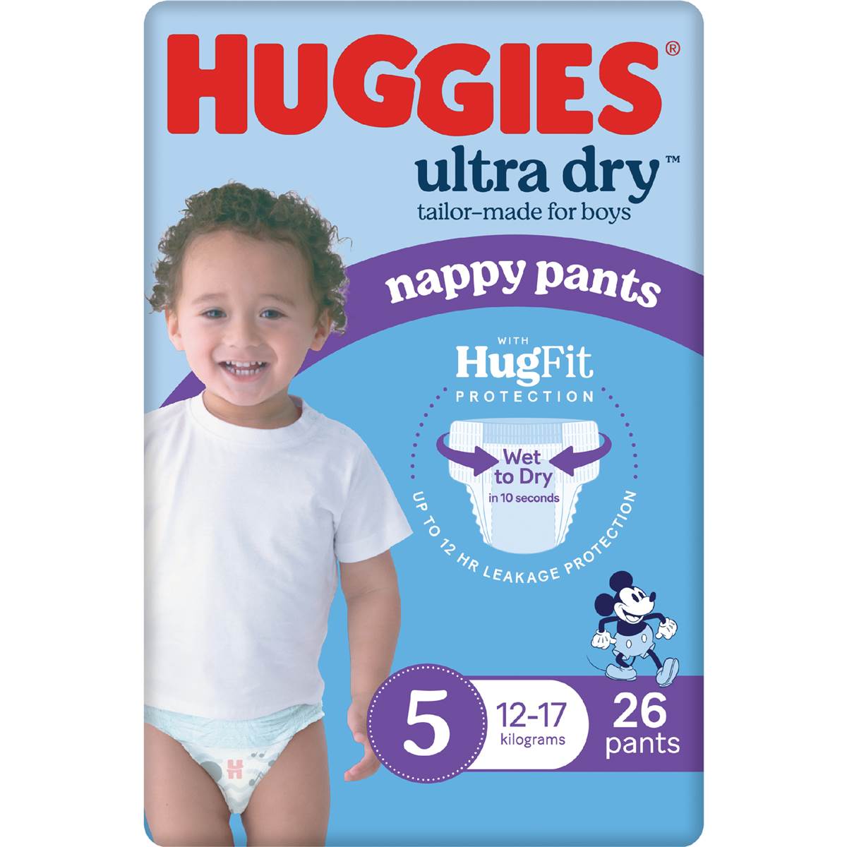 Huggies Ultra Dry Nappy Pants Boys Size 5 (12-17kg) 26 Pack | Woolworths