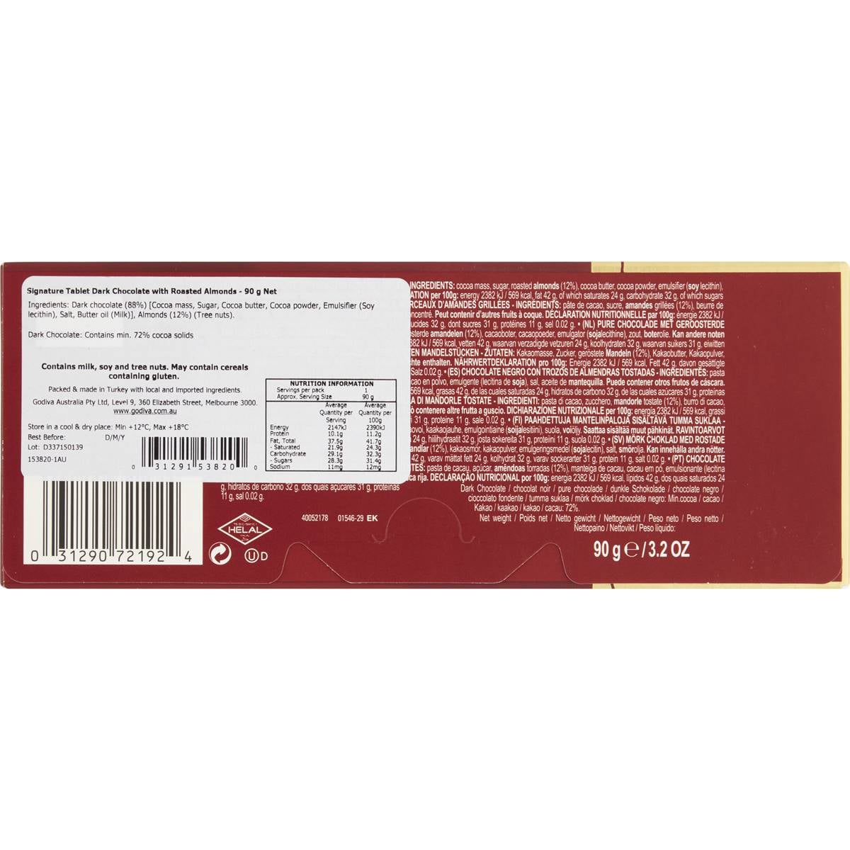 Godiva Roasted Almond Dark Chocolate Signature 90g Woolworths