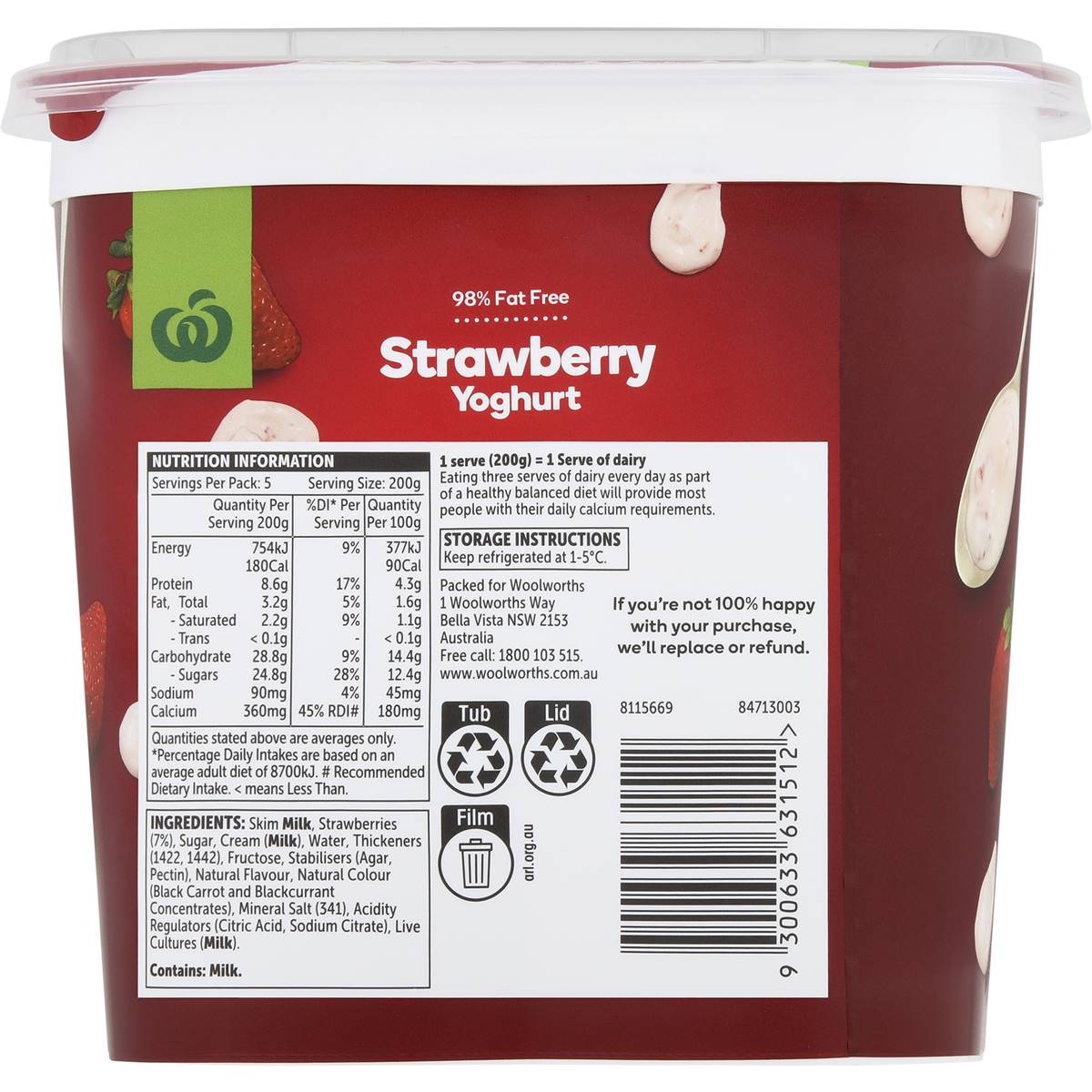 Woolworths 98 Fat Free Yoghurt Strawberry 1kg Woolworths